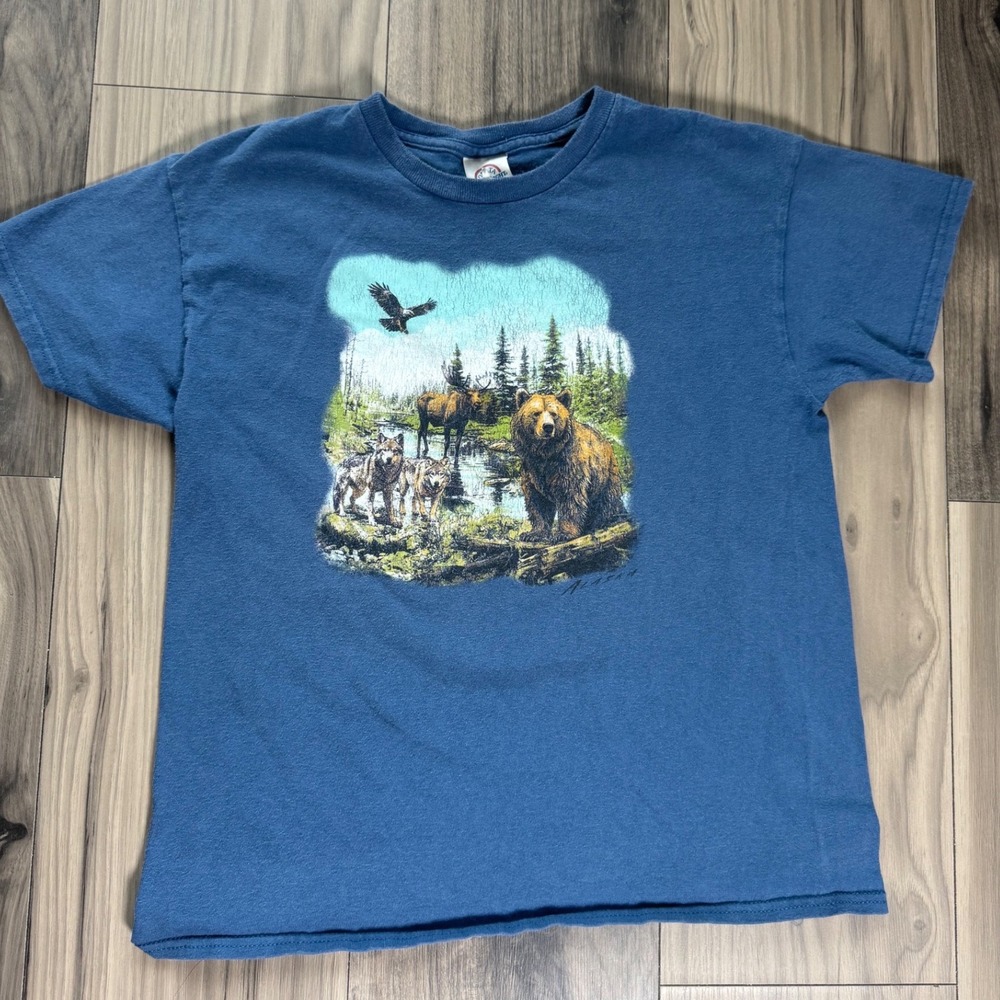 Delta Pro Weight Kids Large Blue Alaska Wildlife Bear Moose Wolf Eagle T-Shirt